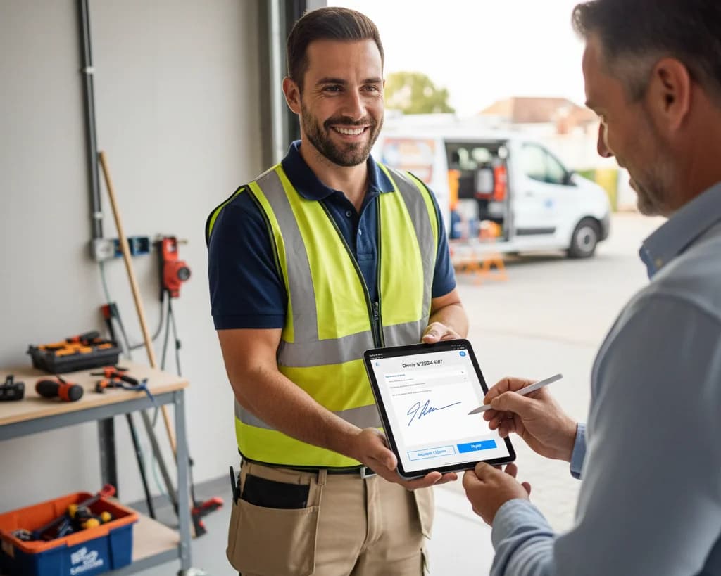 Artisan utilisant le logiciel PS-Web Gestion pour signature électronique sur chantier